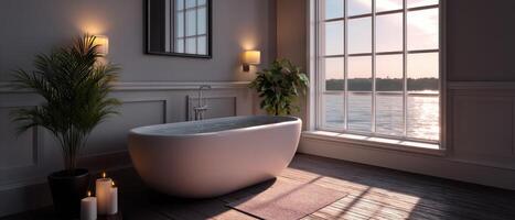 Elegant Soaking Tub by Large Window Serene Bathroom Modern Design Bright Background Copyspace photo