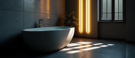 Elegant Minimalist Bathtub Design in Modern Bathroom Soft Background Warm Copyspace photo
