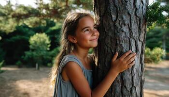 Young Girl Embracing Tree in Nature Background Copyspace for Reflection Serene Environment photo