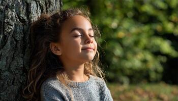 Little Girl Meditating Under a Tree Nature Background Calm Copyspace Tranquil Environment photo