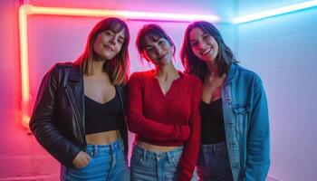 Playful Poses of Three Young Women in Neon Background with Copyspace for Creative Content photo