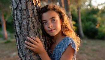 Young Girl Embracing Tree Nature Setting Portrait Photography Soft Background Copyspace photo