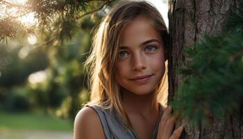 Young Girl Embracing Nature's Tall Pine Tree Outdoor Setting Copyspace Background photo
