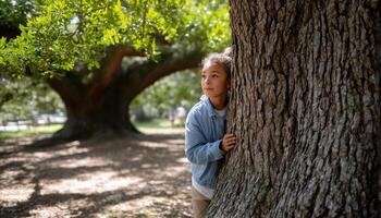 Child Peeking Around Massive Oak Tree in Nature Background Copyspace for Imagination photo