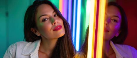 Woman Posing with Colorful Neon Lights Background Creative Photography Studio Environment Copyspace photo