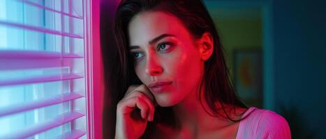 Woman Gazing Thoughtfully by Neon Window Urban Room Portrait Photography Modern Background Copyspace photo