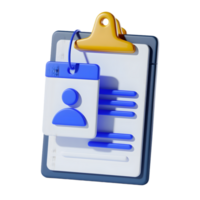 3D rendering of a stylized clipboard with a digital employee ID badge and form. png