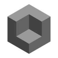 three dimensional geometric shape with cube like appearance, featuring shades of gray and minimalist design. This abstract representation evokes png