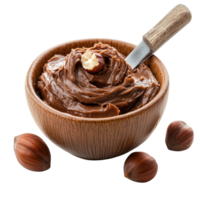 Creamy Chocolate Hazelnut Spread in Rustic Wooden Bowl with Nuts png
