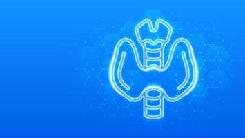 Thyroid gland icon. Thyroid health care. Awareness of Endocrine diseases hyperthyroidism, hypothyroidism. Endocrinology. Molecular structure. Blue medical background with hexagons. illustration vector
