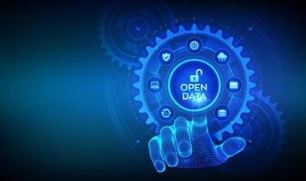 Open data database. Digital file storage system. Online documentation database technology concept. DMS. Integration API. Hand touching digital interface with connected gears cogs and icons. . vector