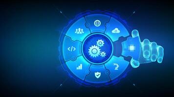 Automation Software. IOT and Automation concept as an innovation, improving productivity in technology. Wireframe hand places an element into a composition visualizing Automation processes vector