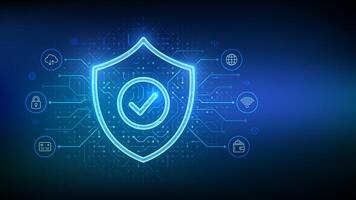 Security shield. Cyber security. Protection shield with Check mark icon. Cyber data protection. Information privacy idea. Network safety. Circuit board pattern. PCB printed circuit texture. vector