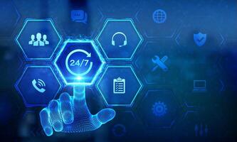 24 hours servises. 24-7 support. Technical support. Customer help. Tech support. Customer service, Business and technology concept. Wireframe hand touching digital interface. illustration. vector