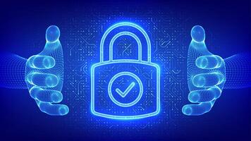 Padlock icon. Cybersecurity. Data protection. Padlock with Check mark icon in wireframe hands. Network safety. Information privacy idea. Circuit board pattern. PCB printed circuit texture. . vector