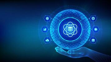 Data Science. Deep learning. Artificial intelligence, Analysis. Big data. Machine learning. 3D sphere globe with surface of hexagons with Computer science icon in wireframe hand. illustration. vector