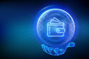 Secure Digital Wallet. Online banking. Safety payments. Secure transactions. Personal financial data protection. Glass transparent sphere with surface of hexagons with Wallet icon in hand. vector