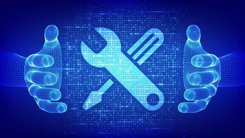 Technical support icon made with binary code in wireframe hands. Customer help. Online tech support. Customer service technology concept. Digital matrix background with digits 1.0. Illustration vector