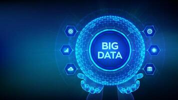 Big data analytics. Big data innovation technology concept. Blockchain network analysis. Artificial intelligence. Hexagonal grid sphere in wireframe hands on blue background. illustration. vector