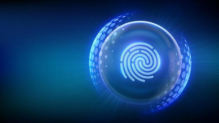 Personal data protection. Biometrics identification. Cyber security. Password control. Fingerprint icon inside transparent sphere shield with hexagon pattern on blue background. illustration.