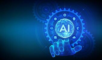 AI. Artificial Intelligence. Machine Learning Concept. Big data. Neural networks. Sphere grid wave. Wireframe hand touching digital interface with connected gears cogs and icons, vector
