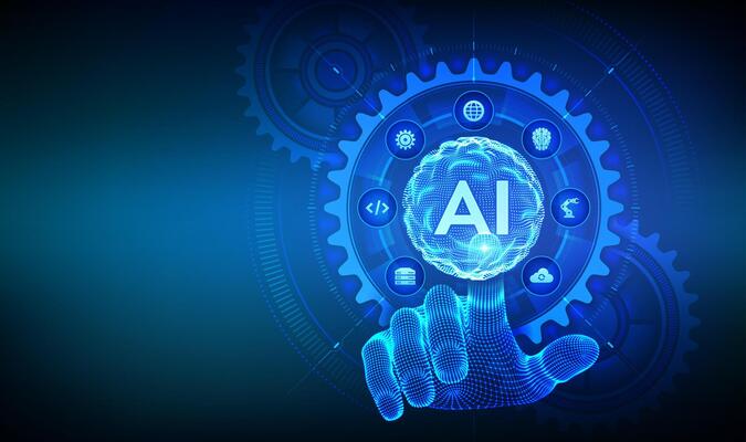 AI. Artificial Intelligence. Machine Learning Concept. Big data. Neural networks. Sphere grid wave. Wireframe hand touching digital interface with connected gears cogs and icons,