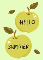 Green apples with Hello Summer text in cute cartoon style vector