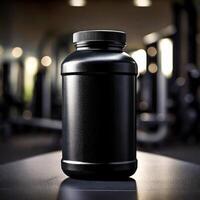 Black plastic container, mock up for whey protein with minimal gloss and blurred gym photo