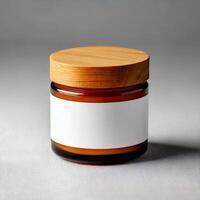 glass jar with removable wooden lid mockup and blank white label photo