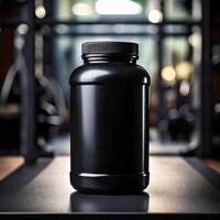 Black plastic container, mock up with minimal gloss and blurred gym background photo
