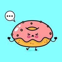 A grumpy cartoon donut with pink frosting and sprinkles expressing annoyance in a thought bubble. vector