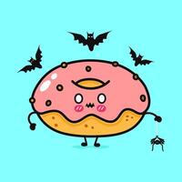 A playful cartoon donut character decorated for Halloween, with bats and a friendly spider. vector