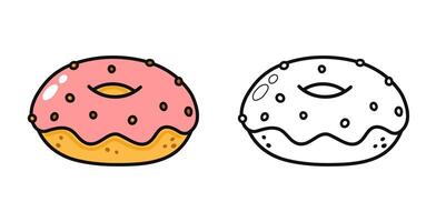 A tasty cartoon donut with pink icing and sprinkles, also a coloring book outline version. vector