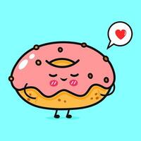 A delightful cartoon donut with a pink glaze and a heart bubble, expressing love with a charming expression. vector