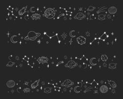 Celestial doodle chalk border, falling star blink divider. Set Hand drawn ornament with stars, planets, meteorite and moon. Space magic simple decor. vector