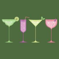 A set of glasses on an elegant stem, of different designs and colors, with a straw, a slice of lime, olives and mint on a green background. vector
