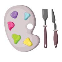 illustration of a palette with multicolored paints and palette knives with a wooden handle. Elements of drawing tools. vector