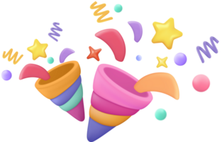 3d party poppers with flying confetti. Firecracker explodes with ribbon for surprise, winner, birthday party and anniversary png