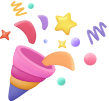 3d party poppers with flying confetti. Firecracker explodes with ribbon for surprise, birthday party anniversary png