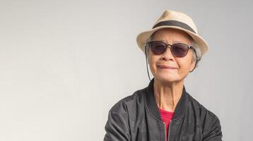 Close-up of a senior woman in a black jacket wearing sunglasses wearing a hat with a smile while standing with arms crossed on a gray background photo