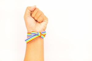 Top view of rainbow wristband in the wrist on a white background. photo