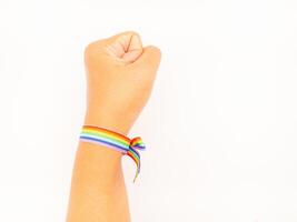 Top view of rainbow wristband in the wrist on a white background. Close-up. photo