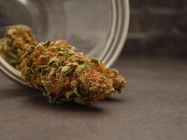 Close-up of dry cannabis buds out of a glass jar on a gray background photo