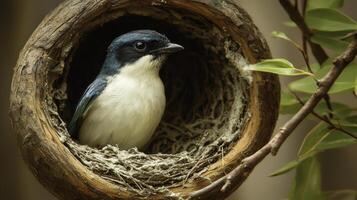 Swallow Nesting Inside a Dark Mud Structure in a Natural Environment photo