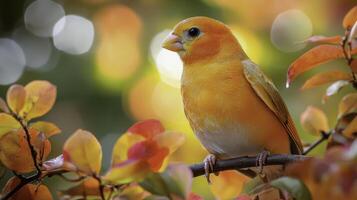 Bright Yellow Canary Singing in Autumn Foliage Close Up Shot photo