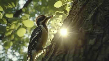 Photorealistic Woodpecker Pecking on Tree in Natural Sunlight photo