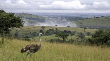 Ostrich Running Across Vast African Savanna Landscape in Nature photo