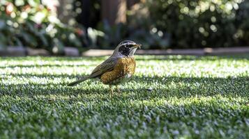 American Robin foraging for worms in lush green grass photo