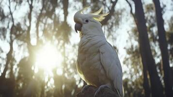 White Cockatoo Perched on Branch in Australian Eucalyptus Forest photo