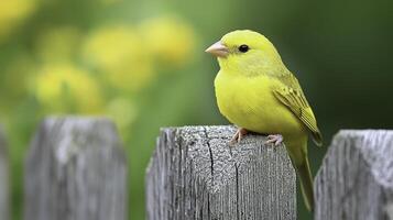 Bright Yellow Canary Singing on a Wooden Fence in Natural Setting photo